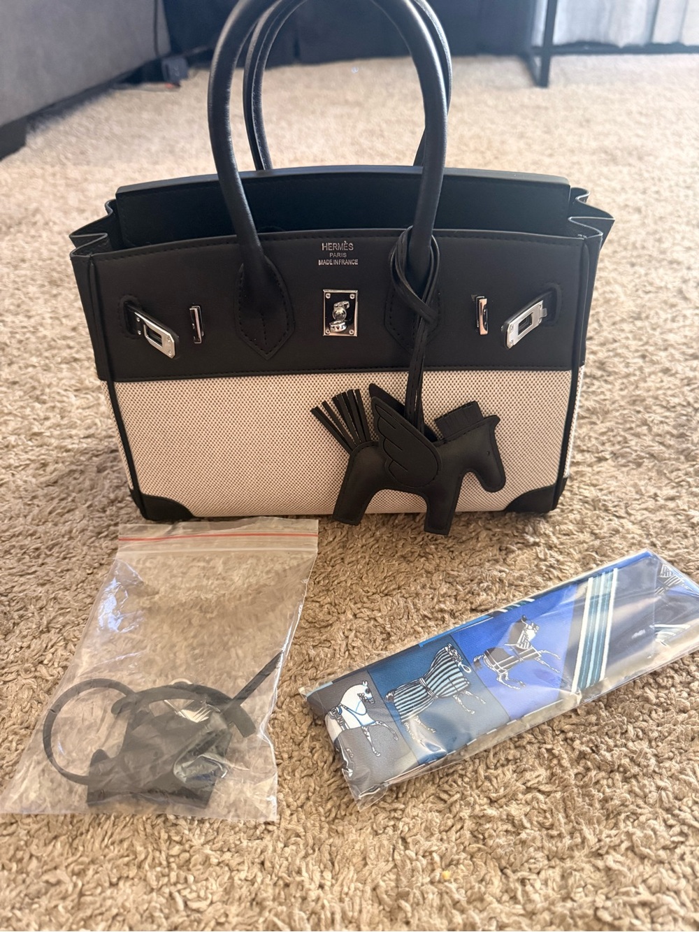 Black & Beige Canvas Mini Birkin-Style Tote